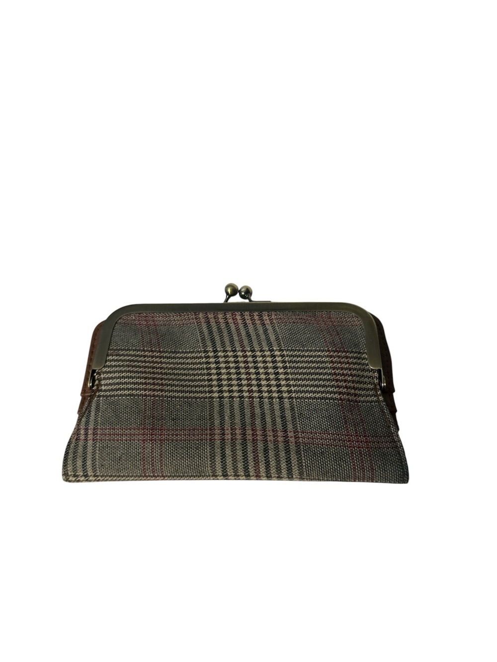 Vintage Plaid Clasp Wallet in Gray and Brown with Red Accents new kisslock
